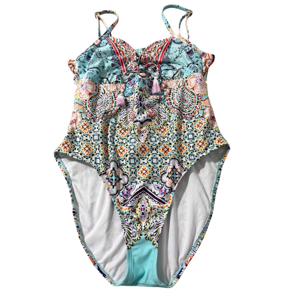 Kenneth Cole Reaction Paisley Boho One Piece Swimsuit Blue Orange XL Summer Swim
